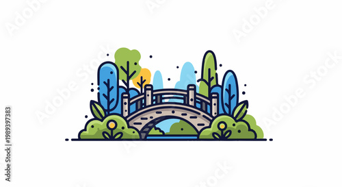 A charming park scene with a stone bridge and lush greenery