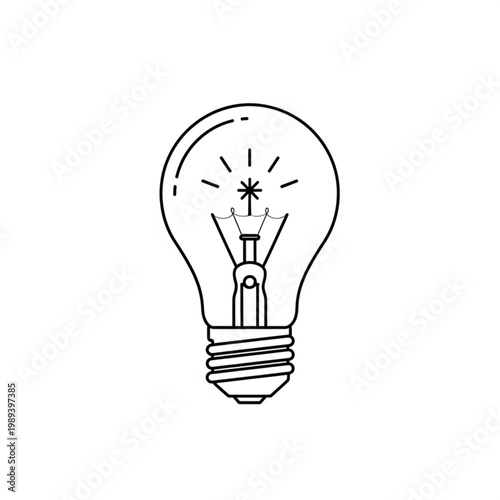 Simple Line Drawing of Illuminated Light Bulb.