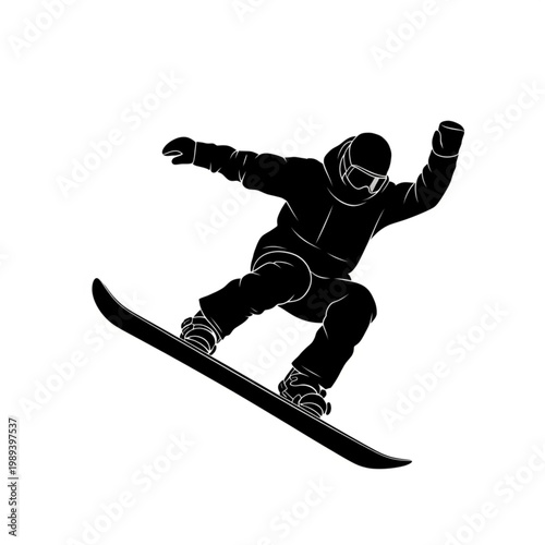 Snowboarder in mid air action pose.