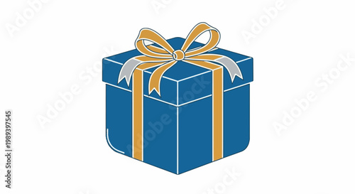 A blue gift box with a gold ribbon and grey accents tied in a bow