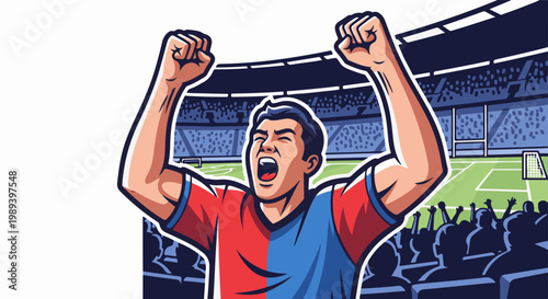 Cheering fan with arms raised in a stadium filled with spectators