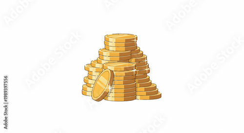 Piles of shiny gold coins stacked high on a white background