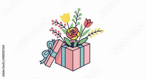 A pink gift box with a blue ribbon opens to reveal a bouquet of colorful flowers