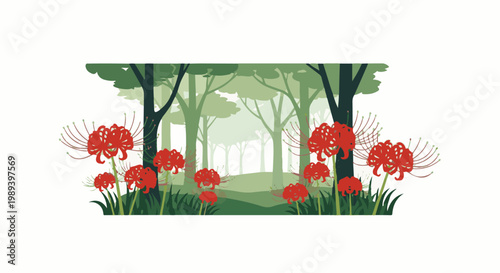 Lush forest clearing with vibrant red spider lilies blooming