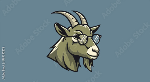 A stylized goat head with round glasses and a beard, against a blue backdrop