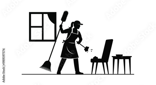 A silhouette of a woman cleaning a room with various tools