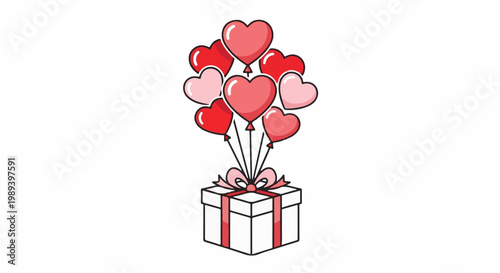 White gift box with red ribbon and pink heart balloons floating above