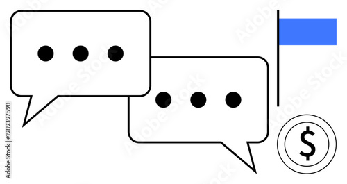 Business strategy, financial consultation, communication, teamwork, goal setting, success. Speech bubbles, a blue flag and a dollar icon. Communication and financial consultation concept