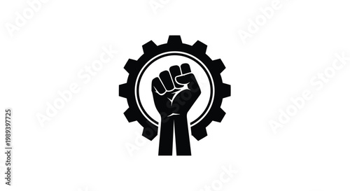 A clenched fist raised within a circular gear symbol