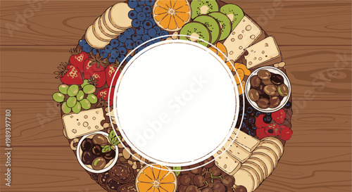 A round arrangement of fruits, cheeses, nuts, and olives on a wooden surface