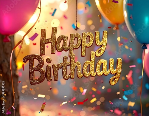 Gold Glitter Happy Birthday 3d Text Hanging With Colorful Balloons And Confetti On Festive Bokeh Background For Celebration