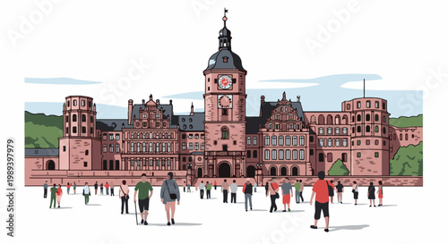 Castle and clock tower in town square with people walking around