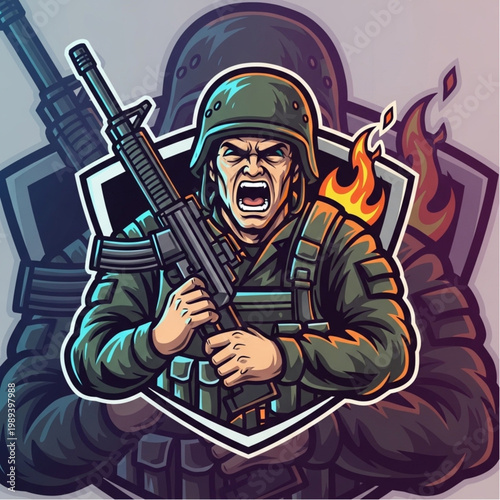 Soldier with Rifle and Angry Expression.