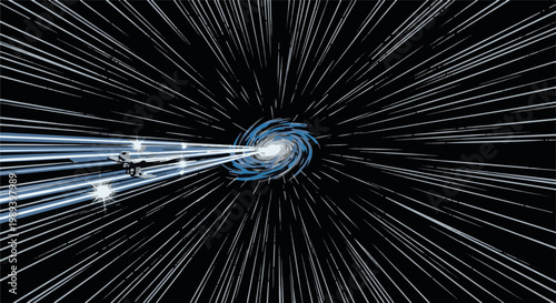 A spaceship zooms towards a swirling galaxy, streaks of light behind it