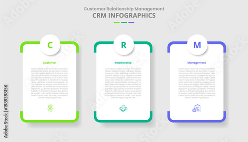 CRM customer relationship management for infographic with drop shadow style with round vertical box with circle badge top with 3 point list information vector