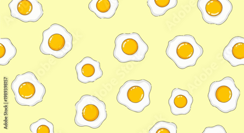 A seamless pattern of cartoon fried eggs on a light yellow background