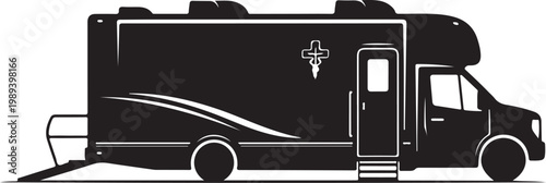 Black RV, motorhome, camper van, recreational vehicle, travel trailer, vector icon