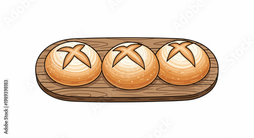 Three cartoonish golden brown bread rolls with cross-shaped cuts on a wooden platter
