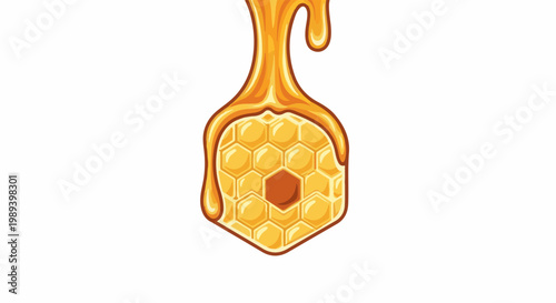 Golden honey dripping over a honeycomb cell structure