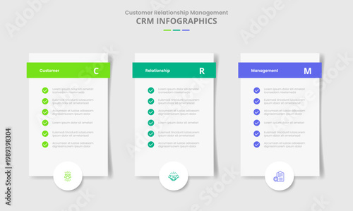CRM customer relationship management for infographic with drop shadow style with vertical box with checklist and circle badge bottom with 3 point list information
