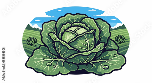 Lush green cabbage with dew drops in a field under a cloudy sky