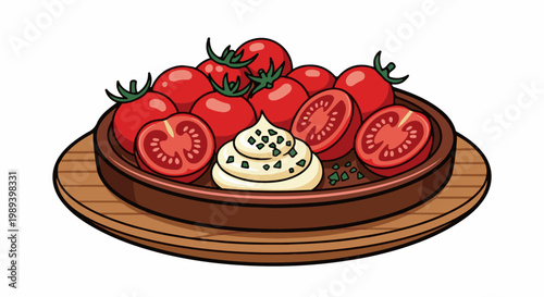 Fresh ripe tomatoes and creamy dip on a rustic wooden platter