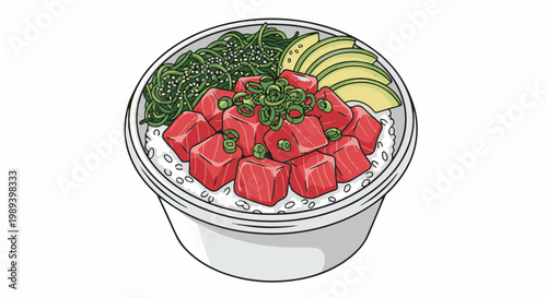 A colorful illustration of a poke bowl filled with rice, tuna, avocado, and seaweed