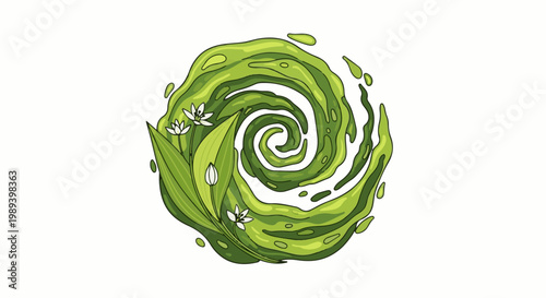 Stylized green swirl with delicate white flowers and leaves