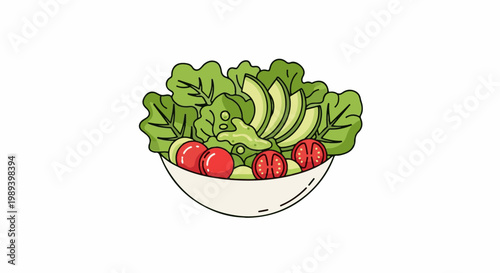 A vibrant illustration of a salad with lettuce, avocado, and tomatoes in a white bowl