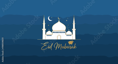 A beautiful Eid Mubarak greeting card featuring a mosque under a crescent moon and stars.