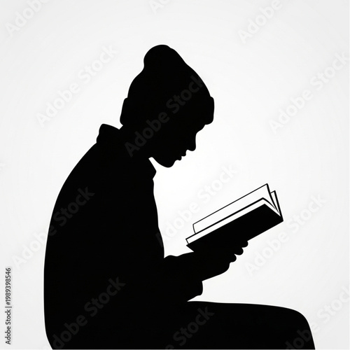 Woman Reading Book Silhouette Profile View.