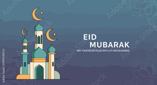 Eid Mubarak greeting card featuring a mosque with crescent moons and a message of joy and blessings.
