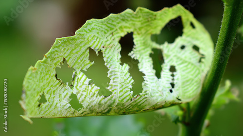  Close-up of a moth-eaten leaf showing intricate hole patterns and natural decay on its textured surface. gardening catalogs, home-decor guides, designed for gardening and botanical catalogs.