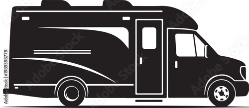 Black camper van, motorhome silhouette, RV icon, travel trailer