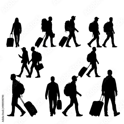 Silhouettes of People with Luggage Walking.