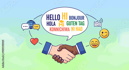 Diverse hands shaking in agreement, surrounded by global greetings and communication symbols, representing international understanding and connection.