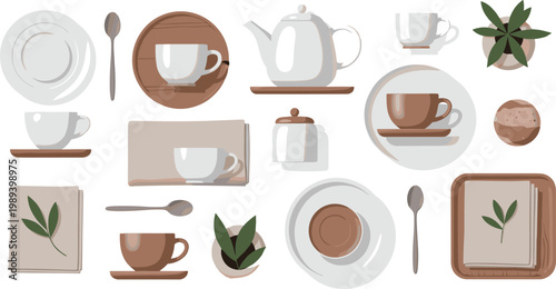
Minimalist Coffee Tableware Set with Cups, Teapot, Plates, Napkins, Plants and Neutral Aesthetic Elements for Cafe Branding and Kitchen Design