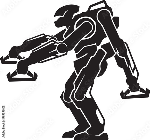 Robot, futuristic, metallic, sci-fi, illustration, vector, black, white