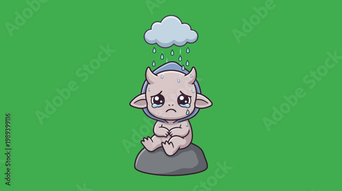 Sad Cartoon Creature Crying Under Rain Cloud