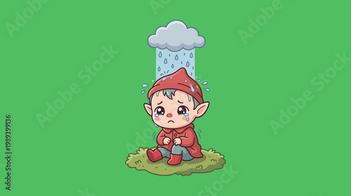 Sad Cartoon Elf Crying in the Rain