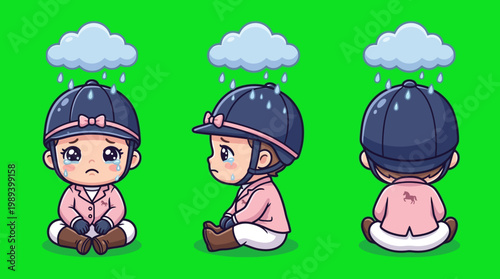 Sad Cartoon Equestrian Character with Rain
