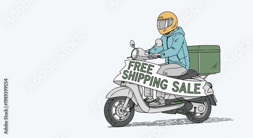 Person riding scooter with box and sale sign on side