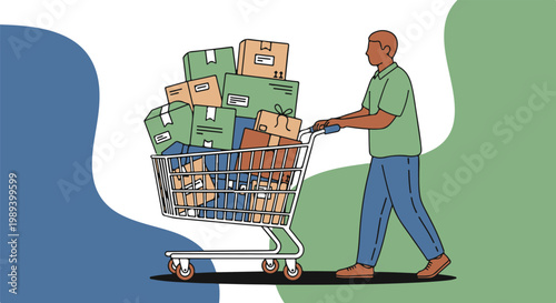 A shopper pushing a full shopping cart loaded with boxes and packages, symbolizing consumerism and retail