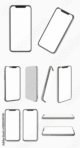 :
Realistic smartphone frame collection with blank display in different angle views vector mockup template