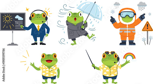 Cute Frog Weather Forecaster Characters Set with Meteorologist Reporting Sunny, Rainy, Windy, and Winter Conditions for Educational and Fun Cartoon Designs