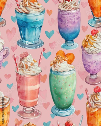 Seamless Pattern of Watercolor Milkshakes with Whipped Cream and Hearts on Pink Background for Retro Dessert Lovers