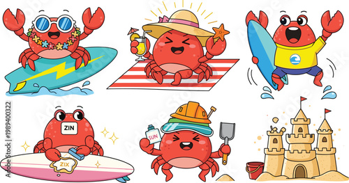 Cute Crab Summer Vacation Characters Set with Surfing, Beach Relaxing, Sandcastle Building, Sunscreen, and Holiday Activities in Fun Cartoon Style