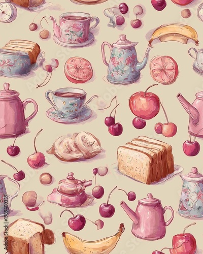 Vintage Tea and Breakfast Pattern with Floral Teapots, Fruit, and Pastries in Pastel Colors for Cozy Kitchen Decor