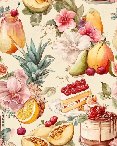 Vintage Tropical Fruits and Desserts Pattern with Hibiscus Flowers and Exquisite Cakes for Textile Design