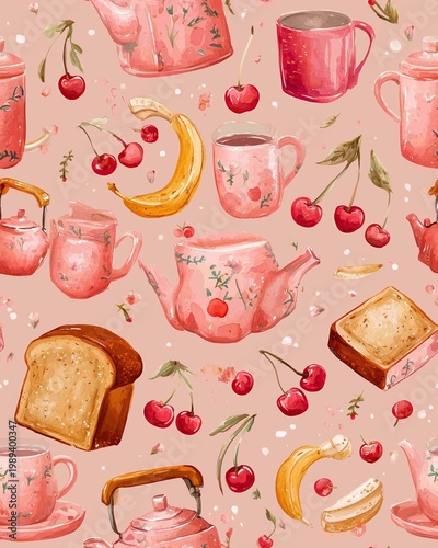 Vintage Tea Party Pattern with Pink Teapots, Cherry Fruits, and Toast in Watercolor Style for Niche Kitchen Decor